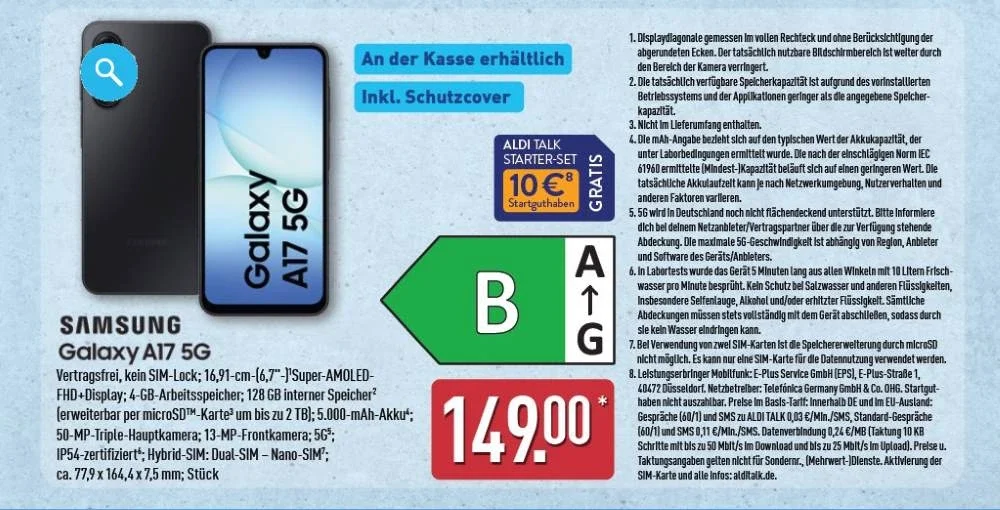 ALDI-Nord-Angebot für das Samsung Galaxy A17 5G für 149 Euro inklusive Schutzcover und Starter-Set