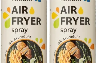 Zwei weiße Flaschen mit goldenen Sprühdosen und beige Etiketten, die Albaöl Air Fryer Spray 2er Pack zeigen.