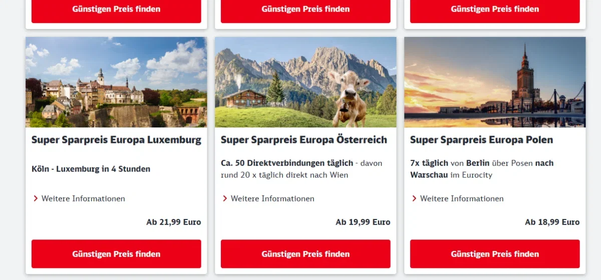 Super-Sparpreis-Europa-Angebote der Deutschen Bahn nach Luxemburg, Österreich und Polen mit Preisen ab 18,99 Euro