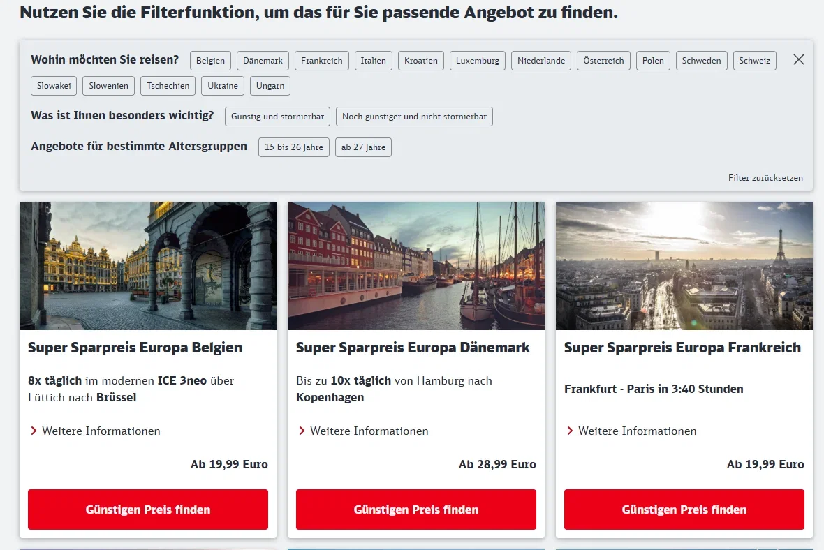 Filterübersicht der Deutschen Bahn für Super-Sparpreis-Europa-Angebote mit Reisen nach Belgien, Dänemark und Frankreich