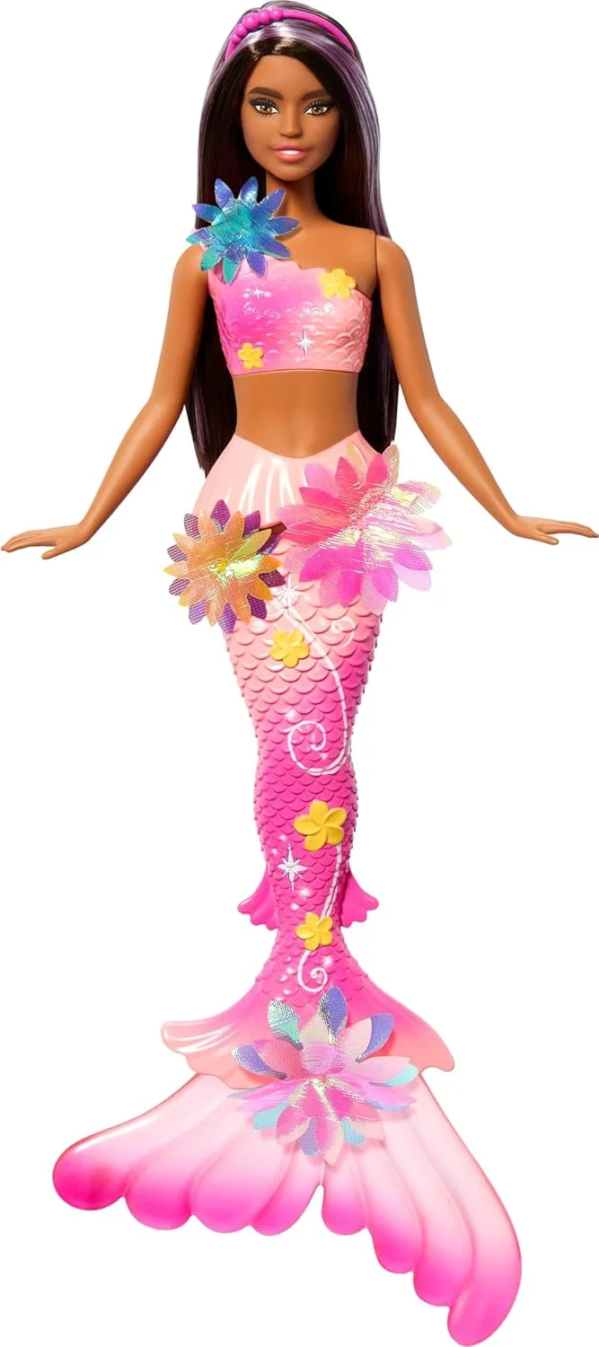 Barbie Meerjungfrauen Spielzeugpuppe mit magischer Ueberraschungsbluete Schwanzflosse mit Farbverlauf perlenbesetztem Haarreif und langem braunen Haar mit violetten Straehchen JDM73