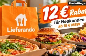 Lieferando-Tasche mit Pizza, Burger und Sushi sowie Rabatt-Aufkleber