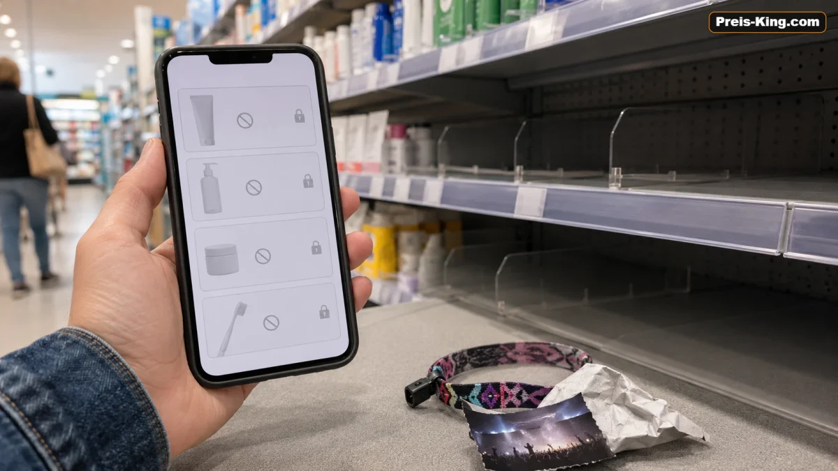 Deaktivierte Festival-Coupons auf einem Smartphone vor einem teilweise leeren Drogerieregal