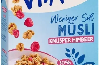 Dr. Oetker Vitalis Müsli Knusper Himbeere 425g, Verpackung mit Schüssel und Himbeeren