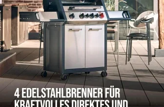 Ein Edelstahl-Gasgrill mit vier Brennern und Seitenkocher im Freien