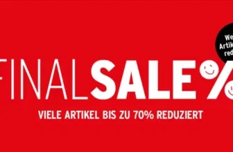 Roter Banner mit weißer Schrift FINAL SALE und Prozentzeichen mit Smiley, Text bis zu 70 Prozent reduziert.