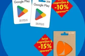 Ein Bild mit zwei Google Play Gutscheinkarten und einer Zalando Gutschein-Karte auf blauem Hintergrund. Es gibt Hinweise auf Rabatte.