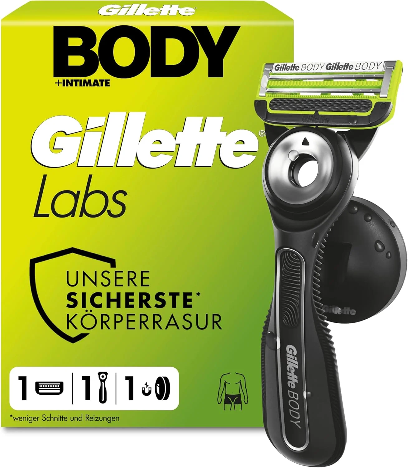 GilletteLabs Body Intimate Rasierer Herren Intimrasierer Mann mit Schutz Vor Eingewachsenen Haaren und Reizungen — Inkl. 1 Rasierhandstueck fuer Koerper und Intimbereich Duschhalterung und 1 Klingen