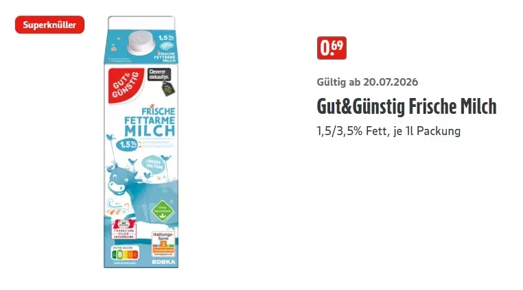 1 Liter – Gut & Günstig Frische Milch 1,5/3,5% Fett (EDEKA Südbayern)