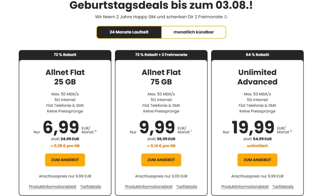 Happy SIM Allnet-Flat mit 75 GB, 5G, zwei kostenlosen Monaten und 9,99 Euro monatlich im Angebotsüberblick.