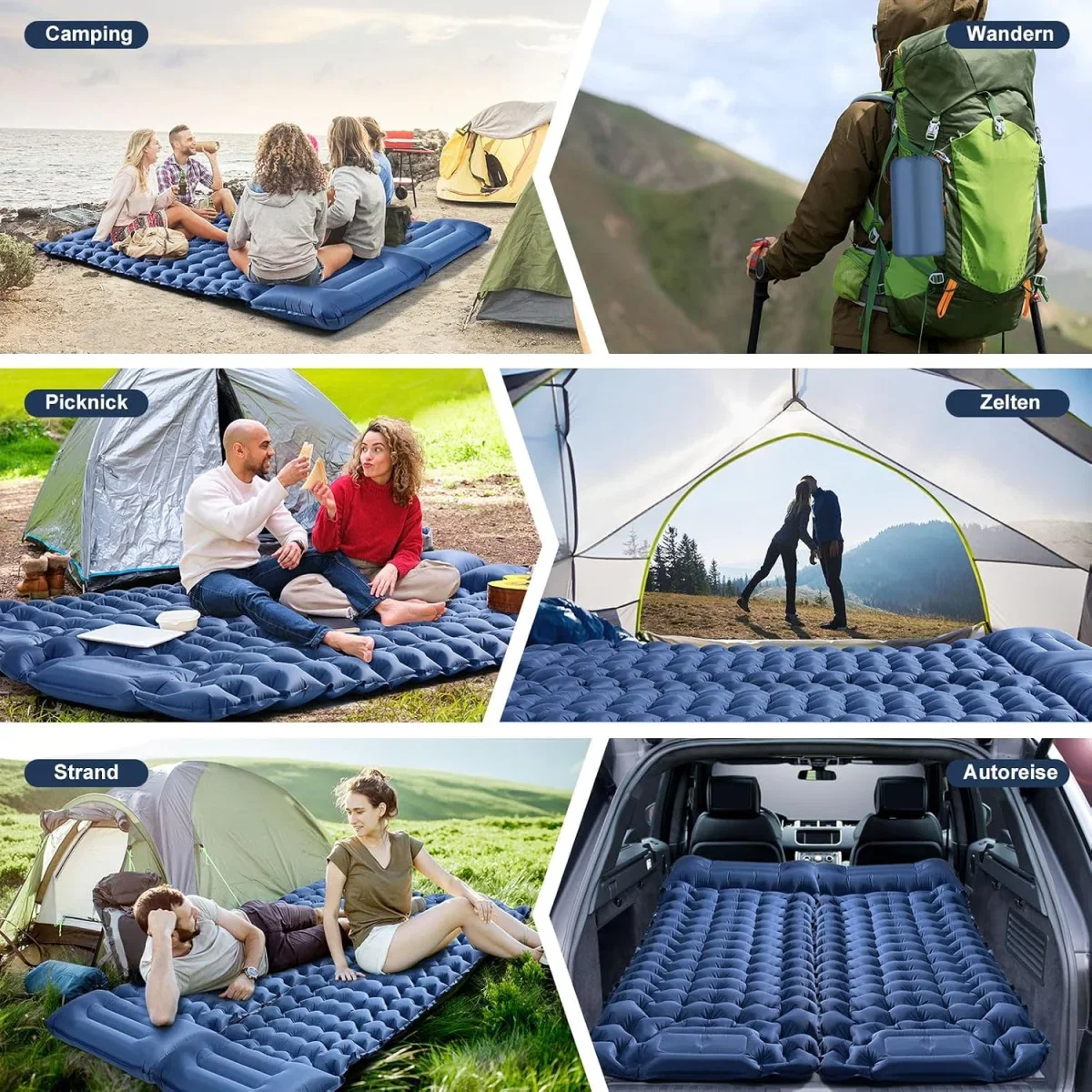 Isomatte Camping mit Fußpumpe (9cm Hoch, Integriertes Kissen)