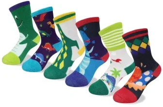 Sechs Paar bunte Kindersocken mit Dinosaurier-Motiven