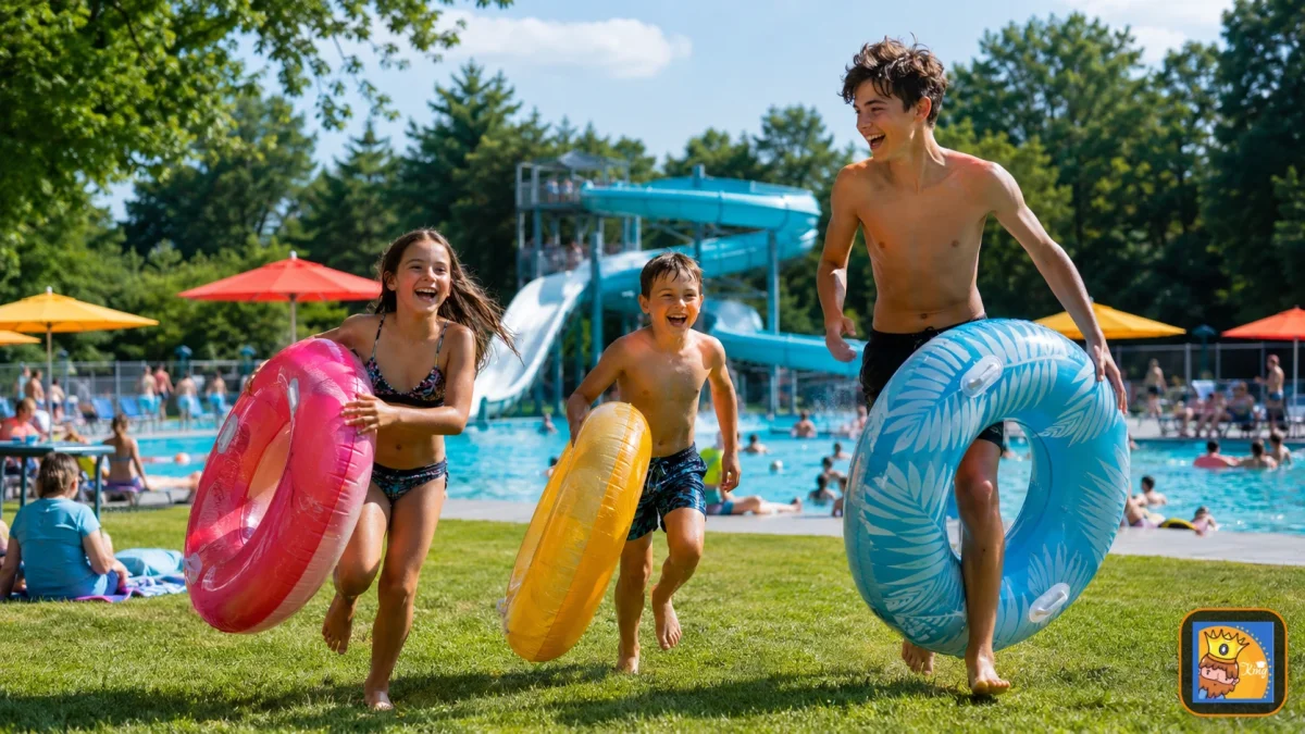 Kinder und Jugendliche laufen mit Schwimmreifen über eine Liegewiese zu einem Freibad mit blauem Schwimmbecken.