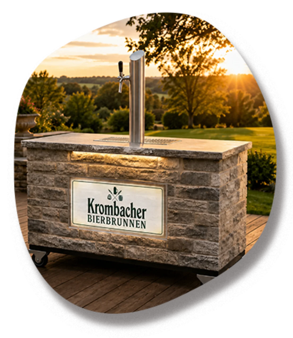 Krombacher verlost einen mobilen Bierbrunnen mit Zapfanlage und beleuchtetem Bierschild.