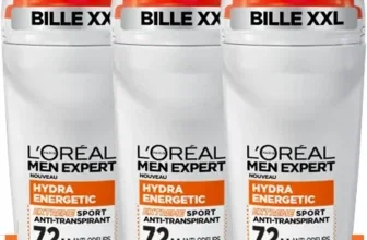 Sechs weiße Deodorant-roller mit orangefarbenen Deckeln und schwarzen Kappen, LOGO L'Oréal