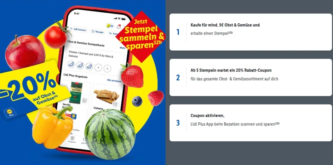 Lidl Plus Gewinnspiel O G Stampcard 07 07 2026 08 07 Lidl Plus Stempelkarte für Obst und Gemüse mit 20% Rabatt in der App<