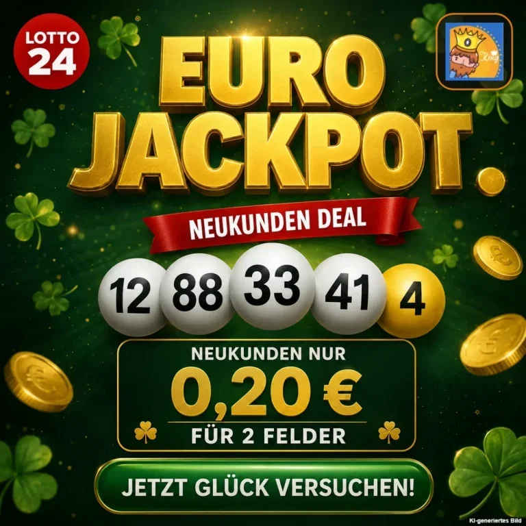 Lotto24 EuroJackpot Neukunden Deal: 2 Felder für 0,20 € mit Kleeblättern und Münzen