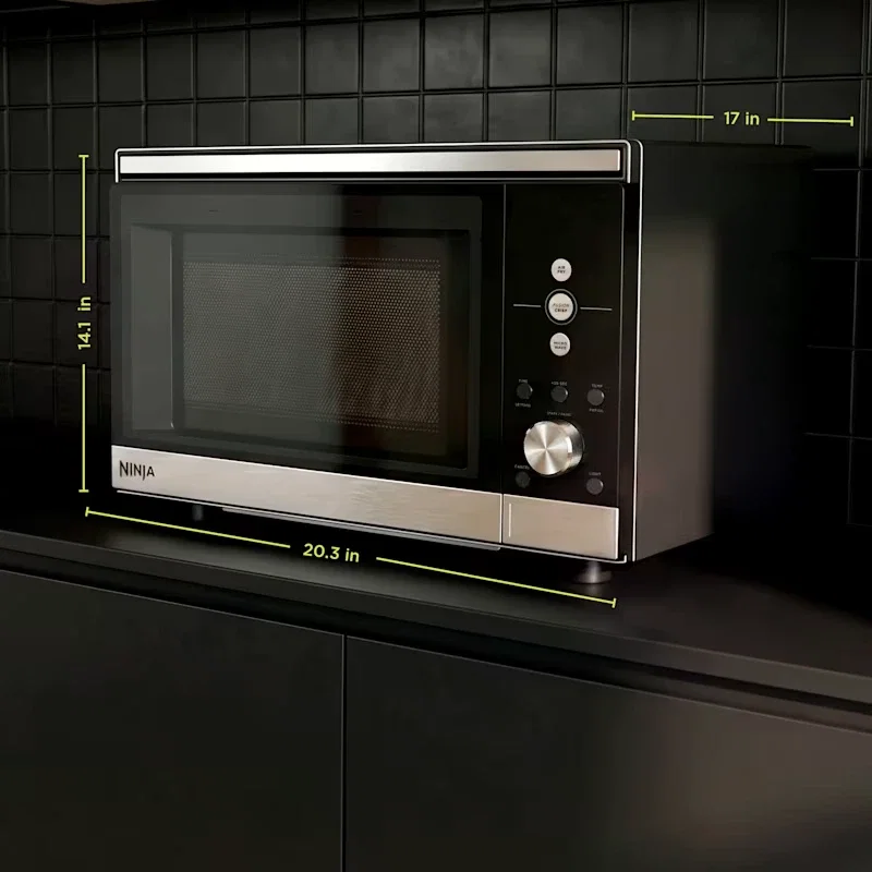 Ninja Crispi Microwave MW101 mit eingezeichneten Abmessungen von 20,3 × 17 × 14,1 Zoll