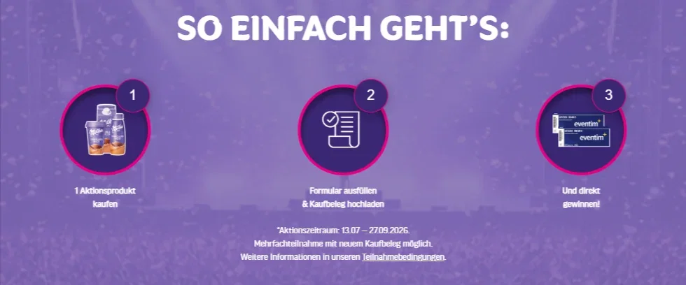 Schokoladenmilch und Eintrittskarten als Symbol für die Milka-Aktion mit EVENTIM-Gutschein