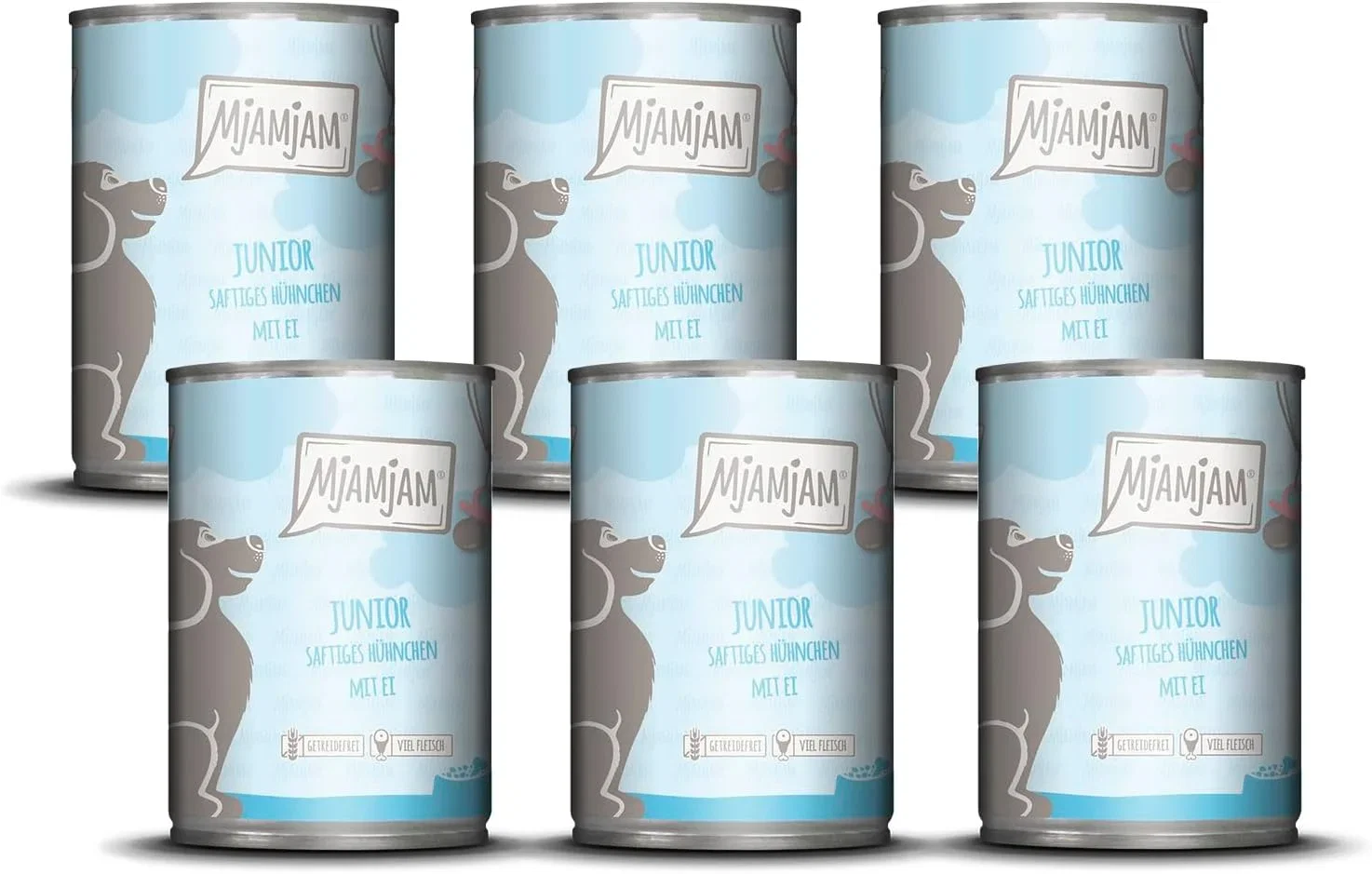 MjAMjAM Premium Nassfutter fuer Hunde Junior saftiges Huehnchen mit Ei naturbelassen mit extra viel Fleisch 6er Pack