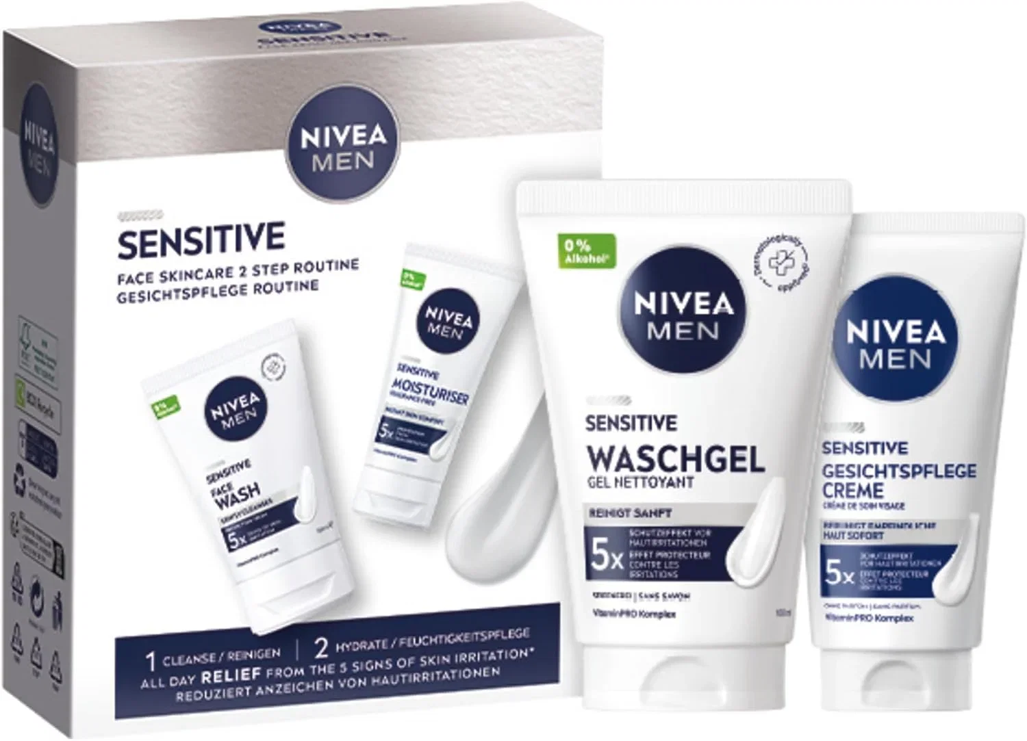 2x NIVEA MEN Sensitive Waschgel + Gesichtspflege Set