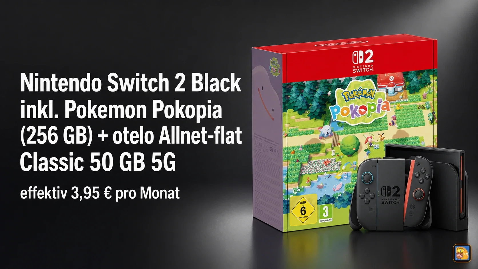 Logitel: Nintendo Switch 2 Black inkl. Pokemon Pokopia (256 GB) + otelo Allnet-flat Classic 50 GB 5G für 19,99 € / Monat + 103,99 € einmalig