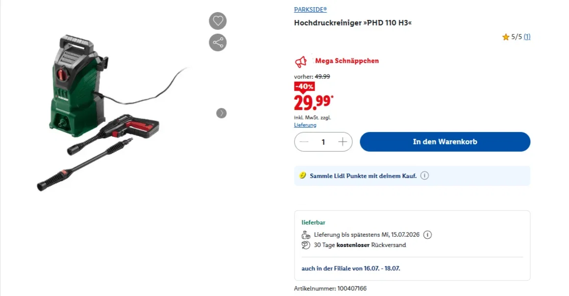 PARKSIDE® Hochdruckreiniger PHD 110 H3 Lidl 10 07 2026 13 09 Parkside Hochdruckreiniger PHD 110 H3 bei Lidl für 29,99 Euro