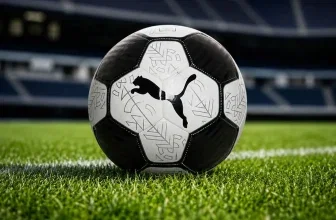 Schwarzer und weißer Puma-Fußball mit Logo auf grünem Kunstrasen vor Stadionkulisse