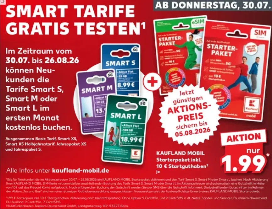 Kaufland-mobil-Aktion: Smart S, Smart M und Smart L vom 30. Juli bis 26. August 2026 vier Wochen gratis testen