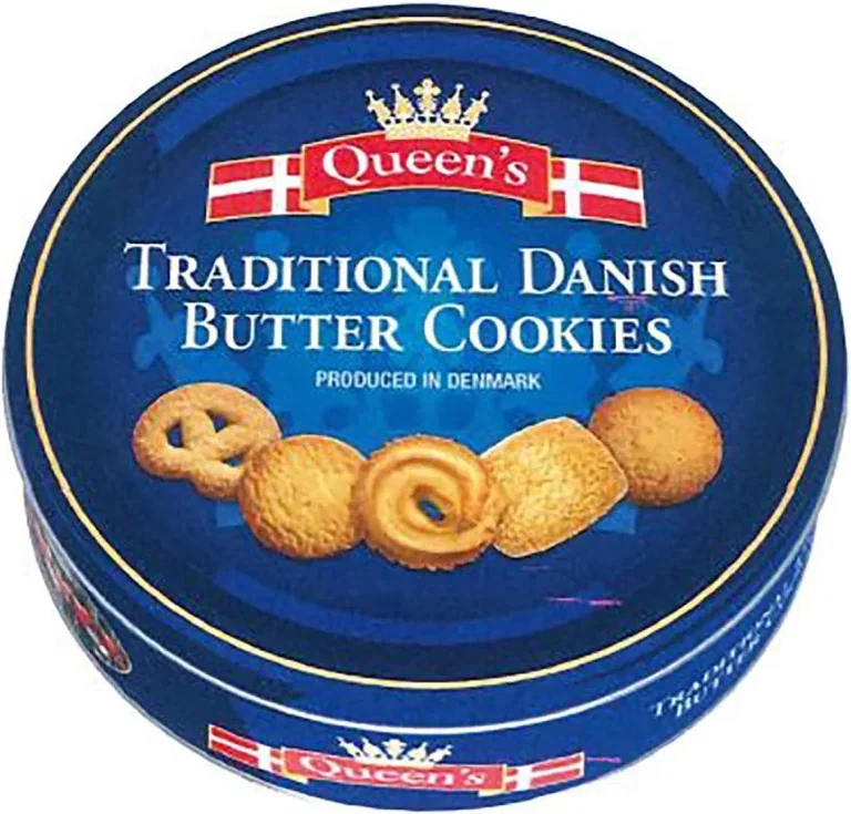 Blaue runde Dose Queen's Traditional Danish Butter Cookies mit dänischer Flagge