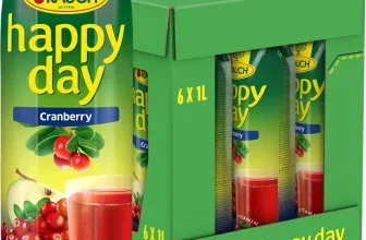 Rauch Happy Day Cranberry-Saft in 1-Liter-Tetra-Pak neben grünem 6er-Karton