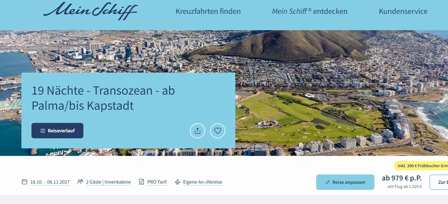 19 Nächte 🥰 Mein Schiff Kreuzfahrt Mallorca – Kapstadt ab 979€ p.P. im Herbst 2027