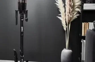 Ein schwarzer Akkustaubsauger steht auf einem grauen Boden vor einer dunklen Wand neben einem Sofa, einem Bücherregal und einer Vase mit Pampasgras.