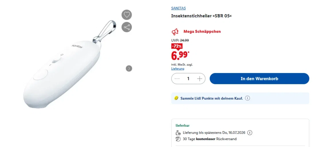 SANITAS Insektenstichheiler SBR 05 Lidl 13 07 2026 15 12 Lidl verkauft Stichheiler für nur 6,99 Euro