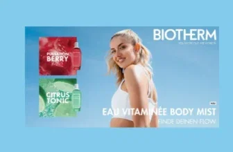 Ein Bild mit einer jungen Frau im weißen Sport-BH, die sich umsieht, neben ihr sind zwei Produktverpackungen und der Schriftzug Biotherm