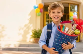 Kind mit gefüllter Schultüte zum Schulanfang – Schultüte gratis füllen