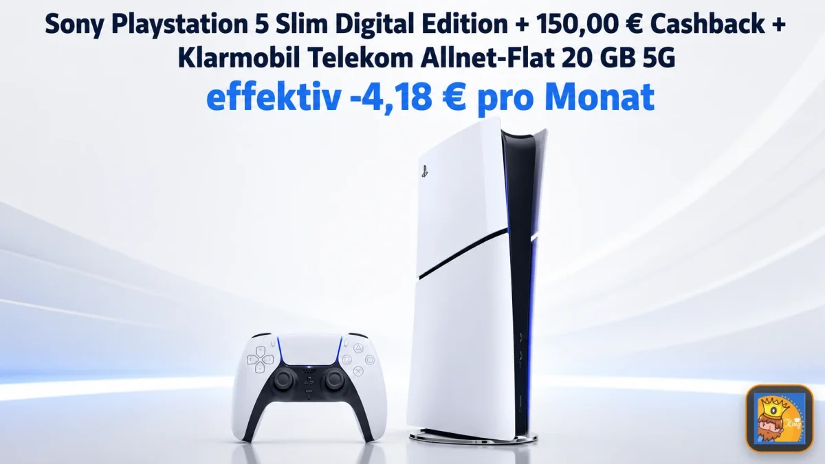 Handyhelden: Sony Playstation 5 Slim Digital Edition + 150,00 € Cashback + Klarmobil Telekom Allnet-Flat 20 GB 5G für 31,99 € / Monat + 19,99 € einmalig