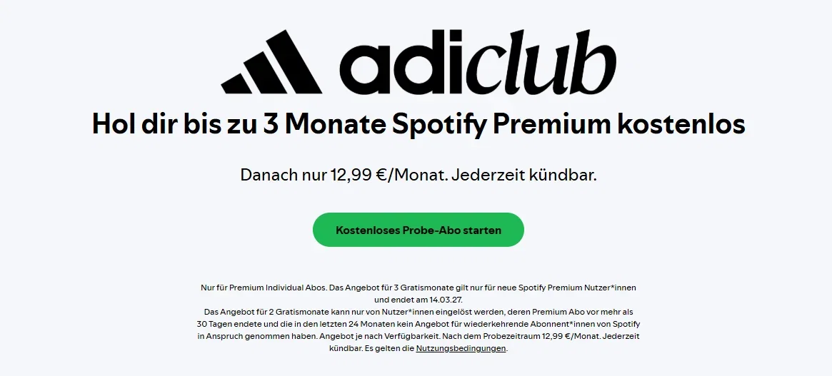 AdiClub-Angebot mit bis zu drei Monaten Spotify Premium kostenlos und anschließend 12,99 Euro pro Monat