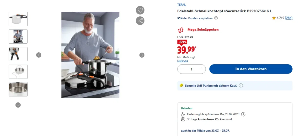 Tefal Secureclick Schnellkochtopf mit 6 Litern bei Lidl für 39,99 Euro im Angebot