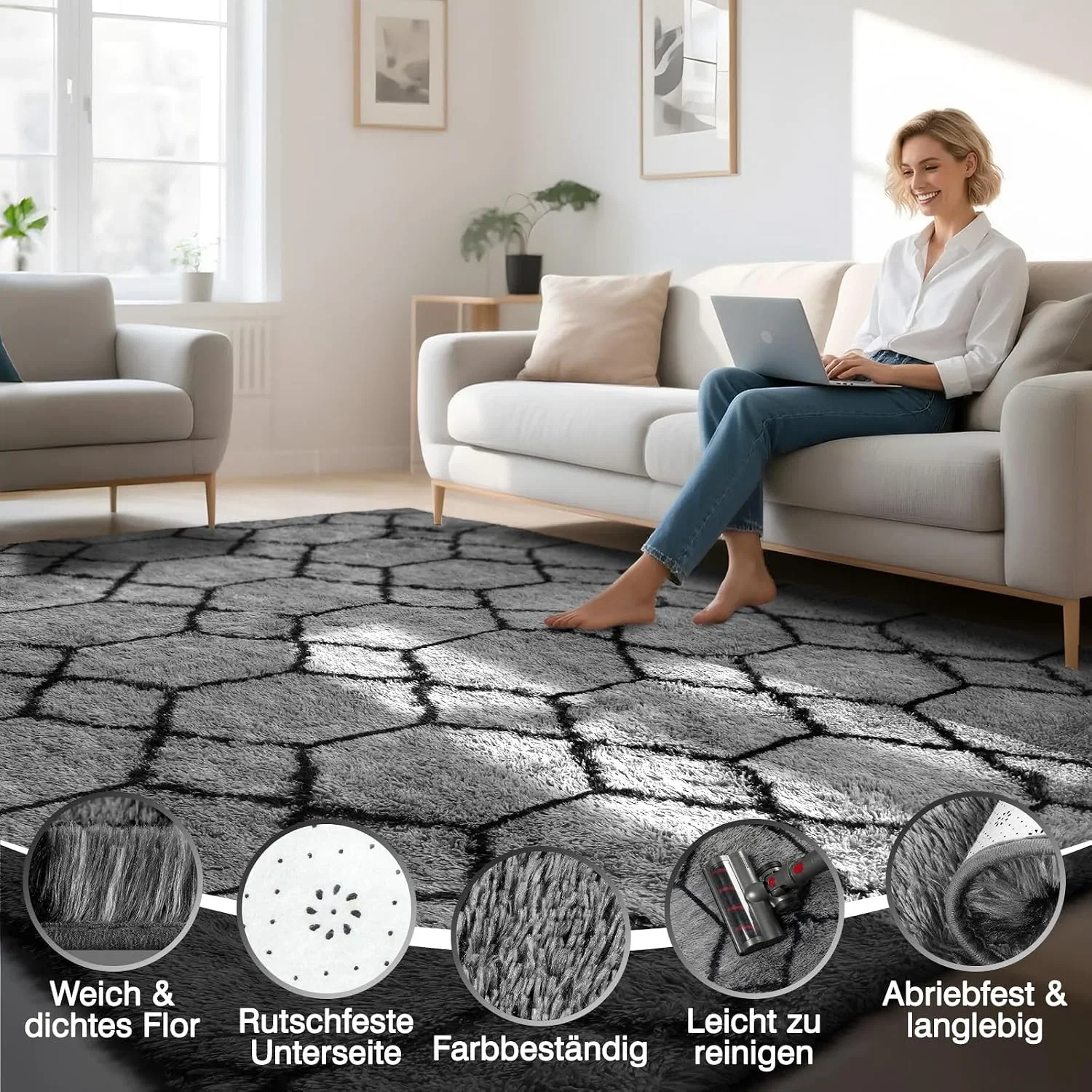 Teppich Wohnzimmer 160x230 cm Schwarzgrau Hochflor Teppich flauschig weich waschbarer Shaggy Teppich mit rutschhemmende B0FS6ND78V 5 Teppich Wohnzimmer 160x230 cm Schwarzgrau Hochflor Teppich flauschig weich waschbarer Shaggy Teppich mit rutschhemmende B0FS6ND78V 5