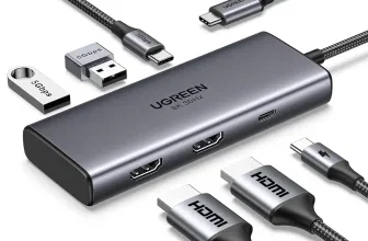 Ein Docking Station mit zwei HDMI-Ausgängen, USB-Anschlüssen und einem USB-C-Anschluss