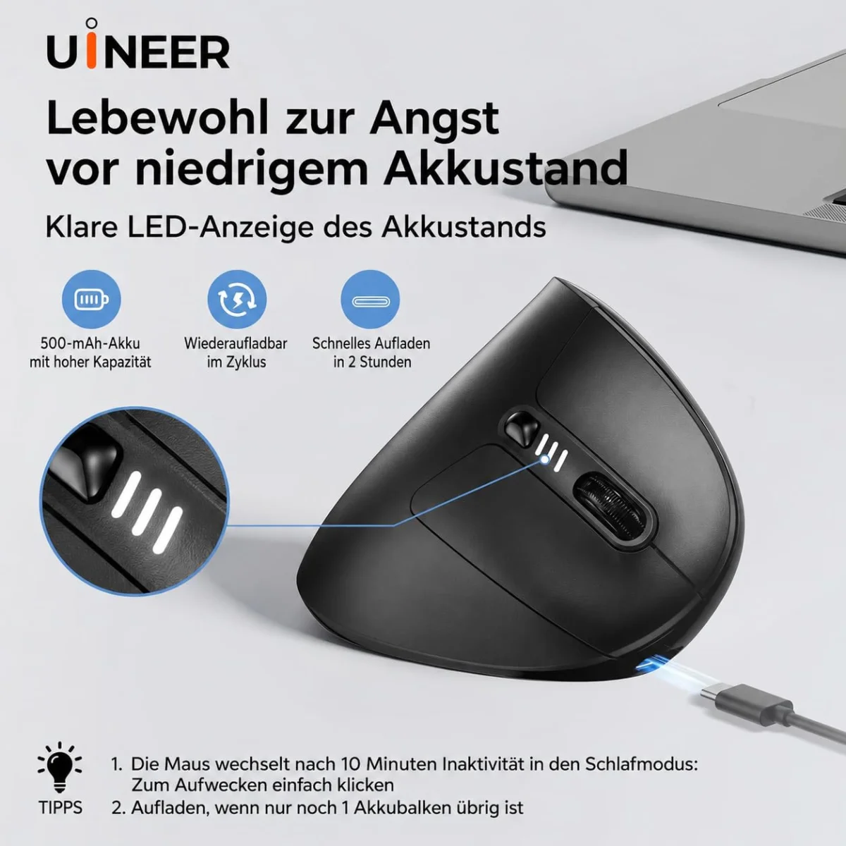 Ergonomische Bluetooth Maus von Uineer für PC, Laptop und Mac
