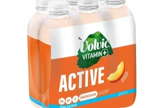 Ein 6er Pack Volvic Vitamin+ Active Pfirsich, ein kalorienfreies Vitaminwasser mit natürlichem Mineralwasser, Koffein, Magnesium und B-Vitaminen.