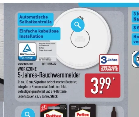 Workzone 5-Jahres-Rauchwarnmelder für sehr günstige 3,99 Euro pro Stück bei Aldi Nord