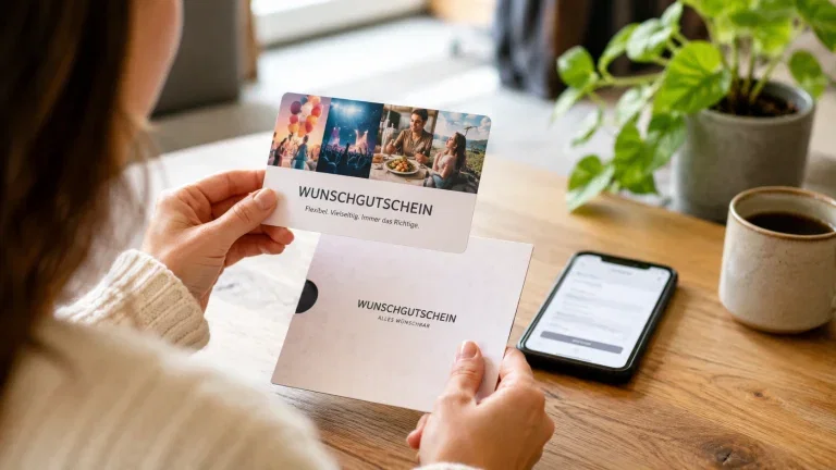 Person hält einen Wunschgutschein und sucht den richtigen Einlösecode neben einem Smartphone
