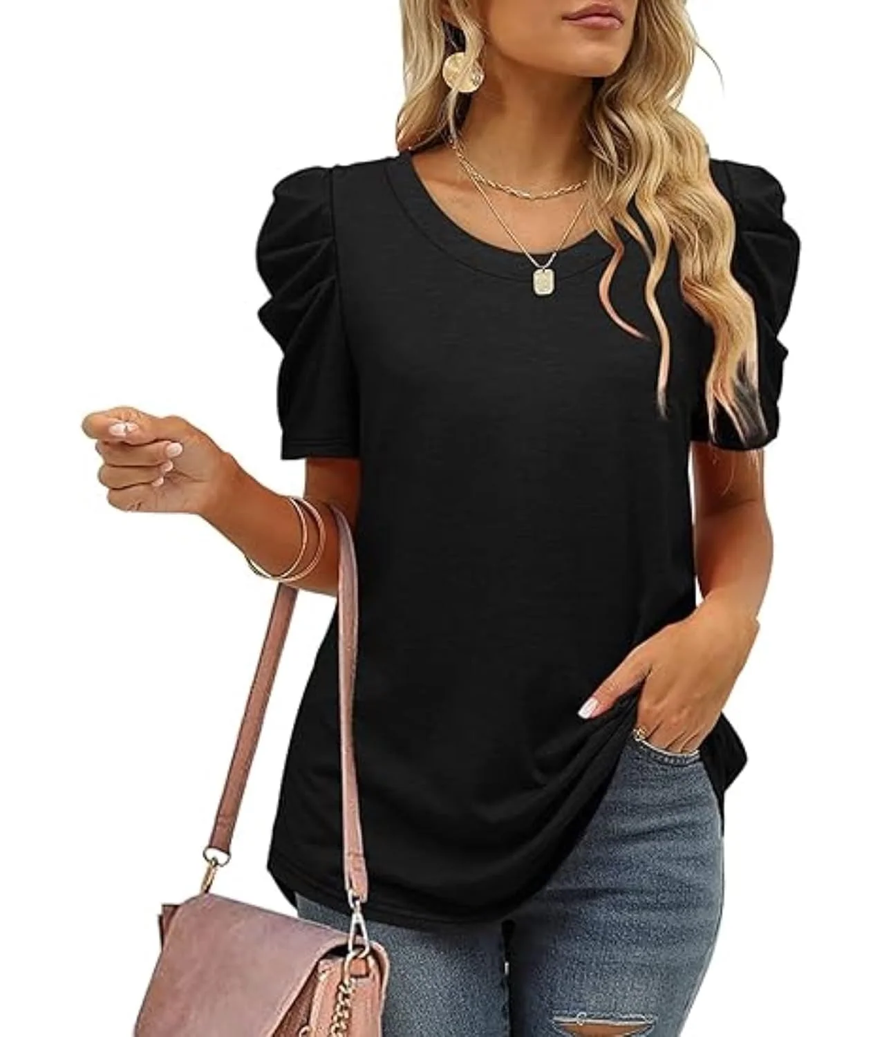 XIEERDUO Top Damen Kurzarm Puffaermel T Shirt Damen Elegant Oversized Oberteile Rundhals Ausschnitt Bluse Damen Fruehling B0CPF76QQ2 2