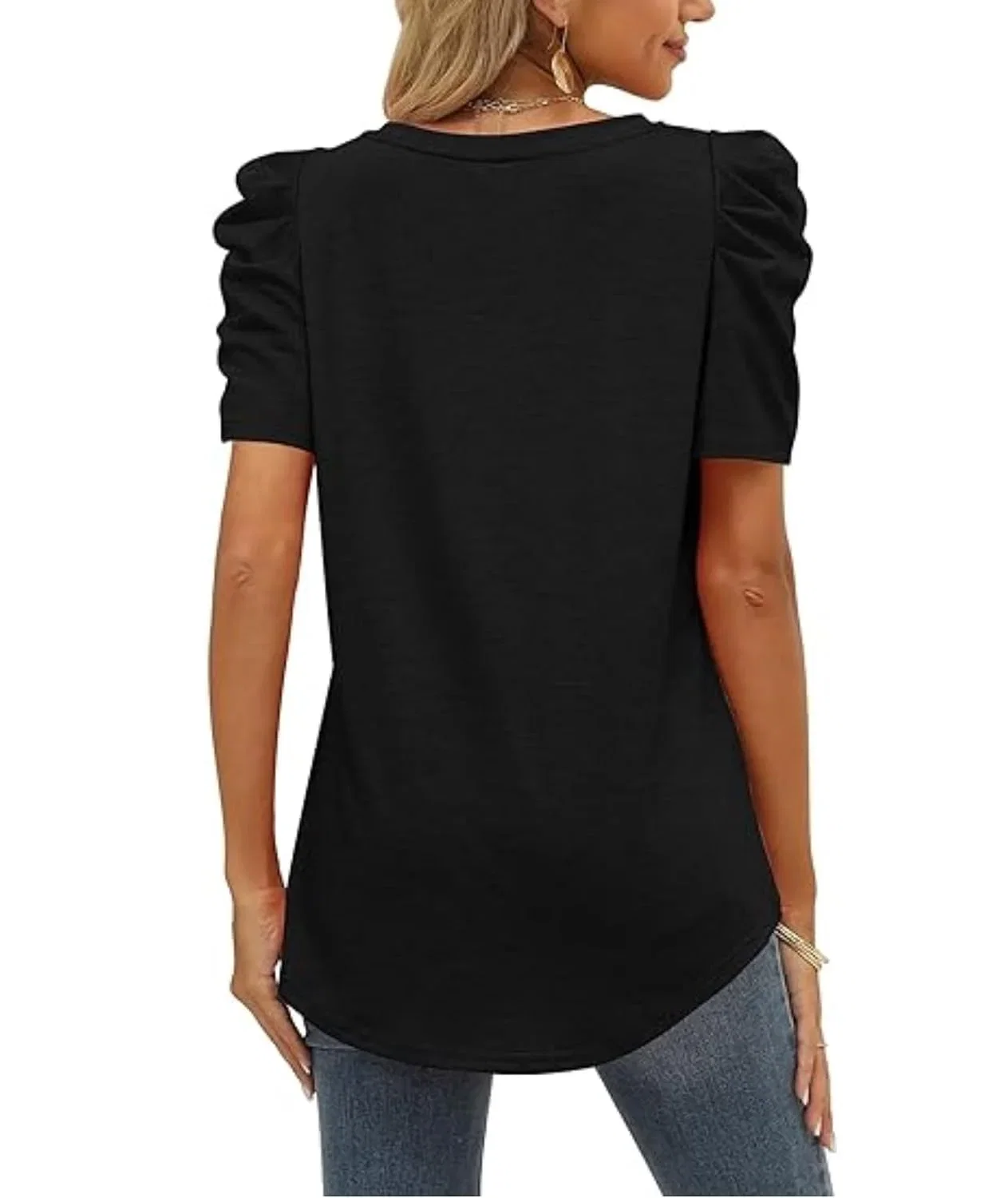 XIEERDUO Top Damen Kurzarm Puffaermel T Shirt Damen Elegant Oversized Oberteile Rundhals Ausschnitt Bluse Damen Fruehling B0CPF76QQ2 4