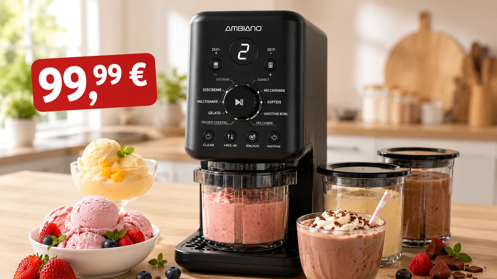 Ambiano 10-in-1-Eismaschine von Aldi Süd für 99,99 Euro mit Eiscreme und drei Zubereitungsbechern