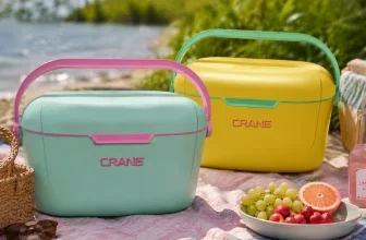 Ein Picknick-Setup mit zwei farbenfrohen Kühlboxen, einer gelben und einer türkisfarbenen, mit Früchten und Getränken im Vordergrund.