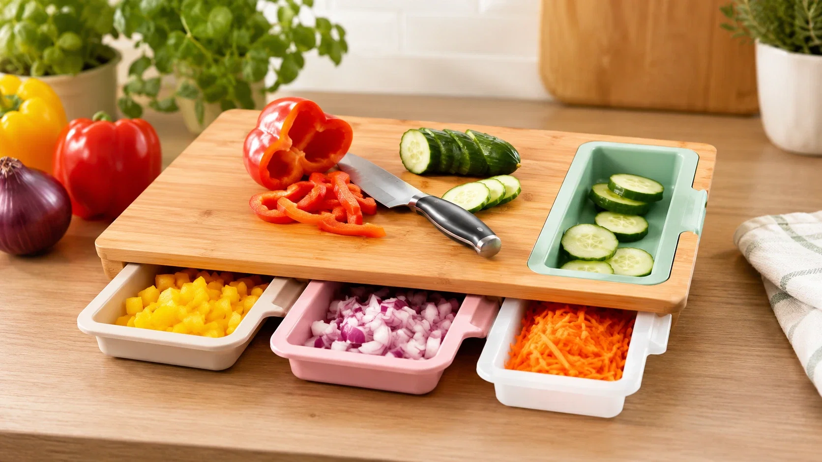 ALDI Schneidebrett mit Auffangschalen für Gemüse und Obst zum Preis von 3,99 Euro